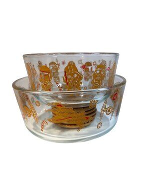 Star Wars Pyrex Glass Bowls Holiday Themed Lot Of 2 With Gold & Red 7.25" & 5.75